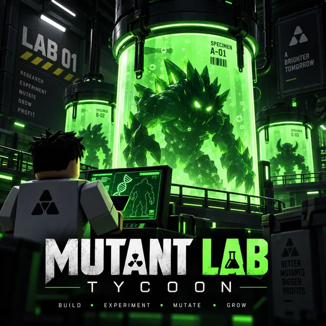 Arte oficial de Mutant Lab Tycoon com uma criatura verde em uma câmara de laboratório